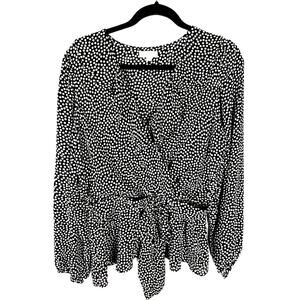 Max Studio Polka Dot Ruffle Faux Wrap Blouse 1X Black White Peplum Boho Top EUC